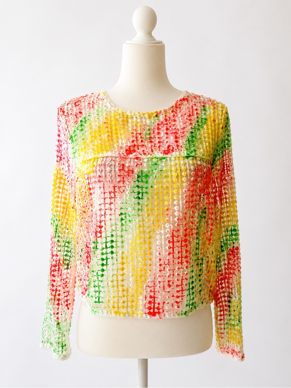 Tropicália Reworked Hand-Painted Open-Knit Mesh Top